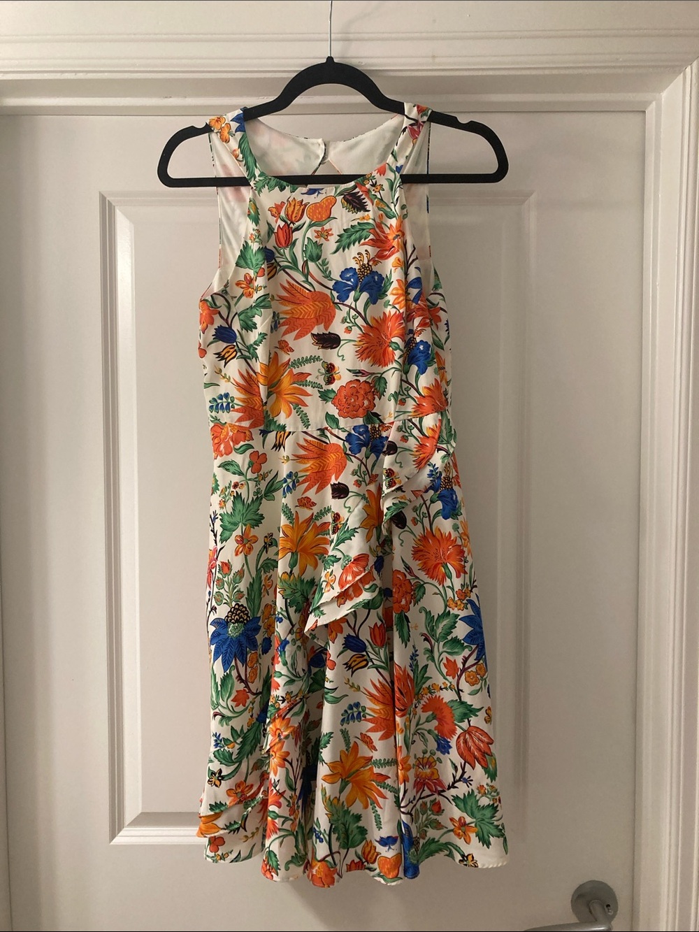Sleeveless Floral Ruffle Dress in White with Orange & Blue Bloom